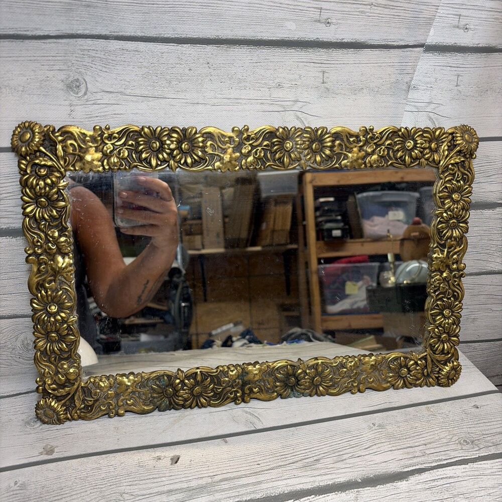 Vintage Hollywood Regency Gold Ornate Wall Mirror Rococo Metal Floral Decor